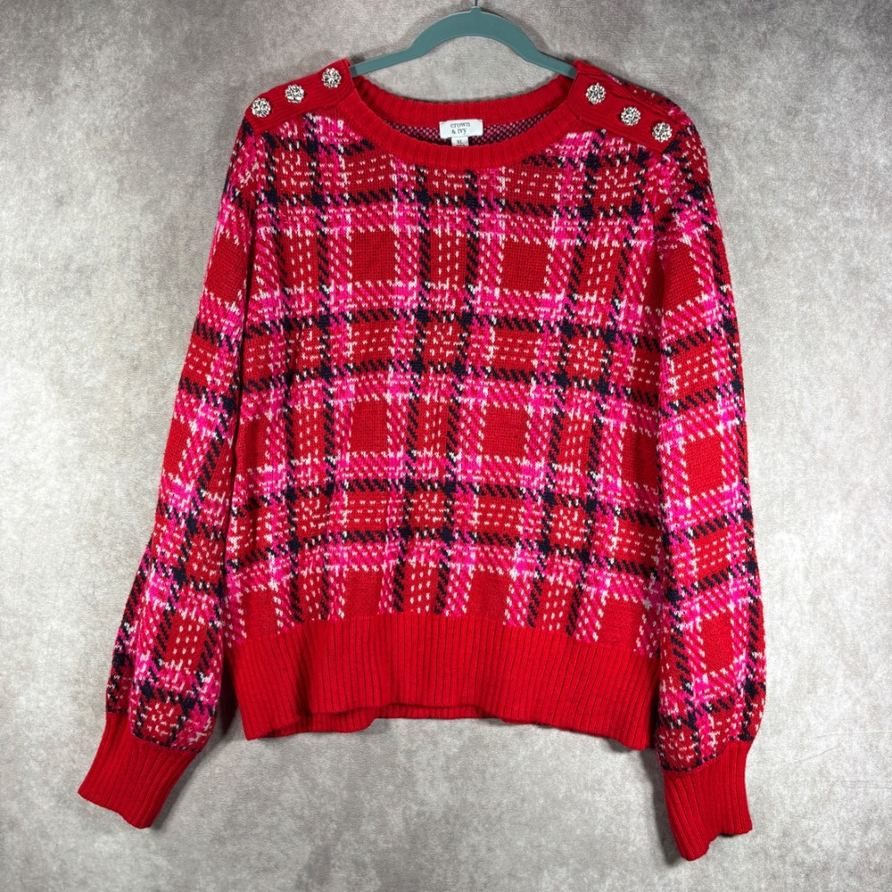 Crown & Ivy Sweater Women XL Red Plaid Jeweled Button Shoulder Crew Neckโ Knit